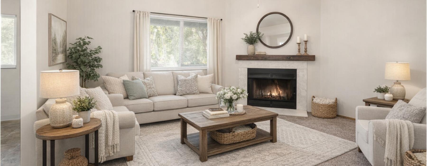 a living room with a fireplace