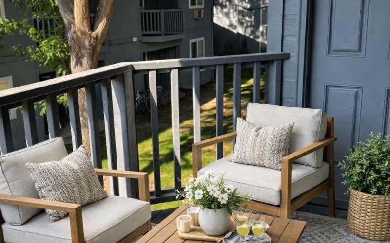 a deck with chairs and a table