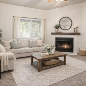 a living room with a fireplace