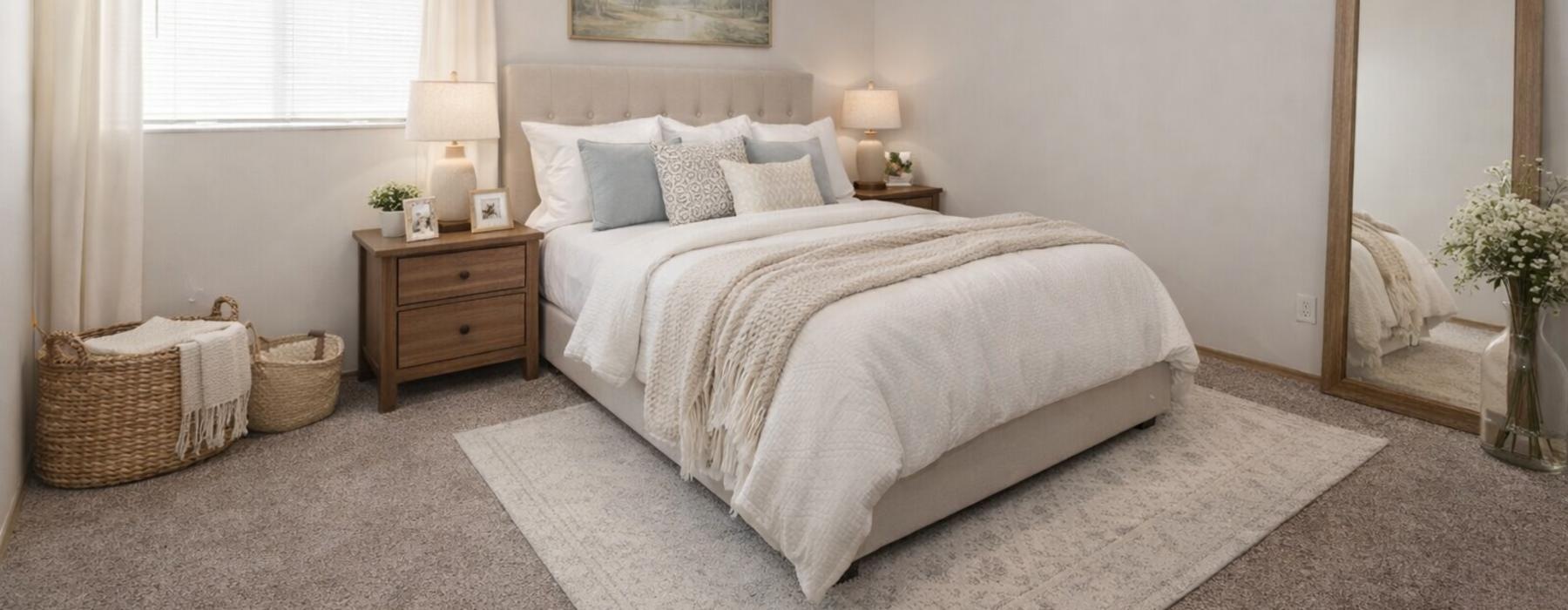 a bedroom with a bed and a fan