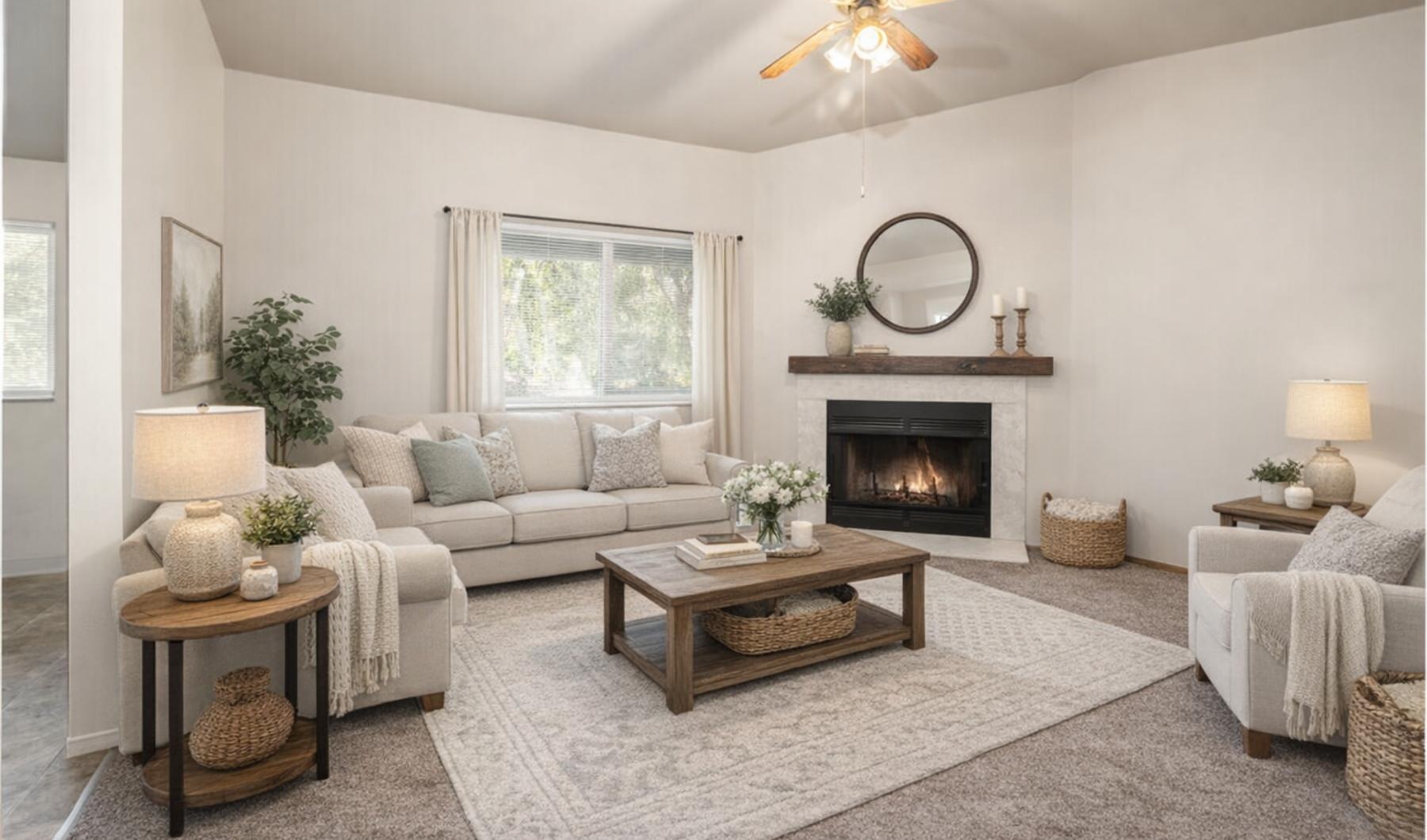 a living room with a fireplace